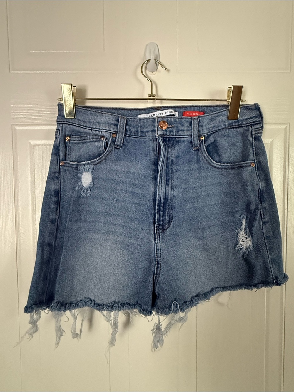 Celebrity Pink Light Blue Distressed Denim Shorts